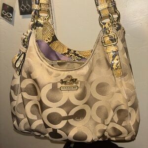 Coach Beige Signature Jacquard Shoulder Bag with Snakeskin Trim